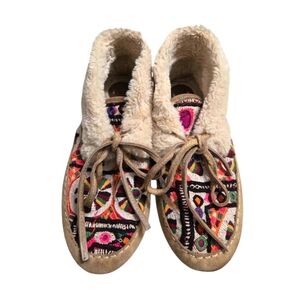 Anthropologie Upcycled Patchwork Slipper Booties Textile & Fur Moccasins  Medium